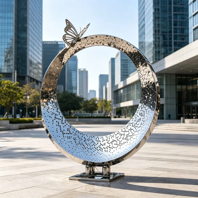 Mirror Polished Stainless Steel Ring Sculpture With Butterfly Led Light Custom Luxury Villa Courtyard Outdoor Garden Landscape
