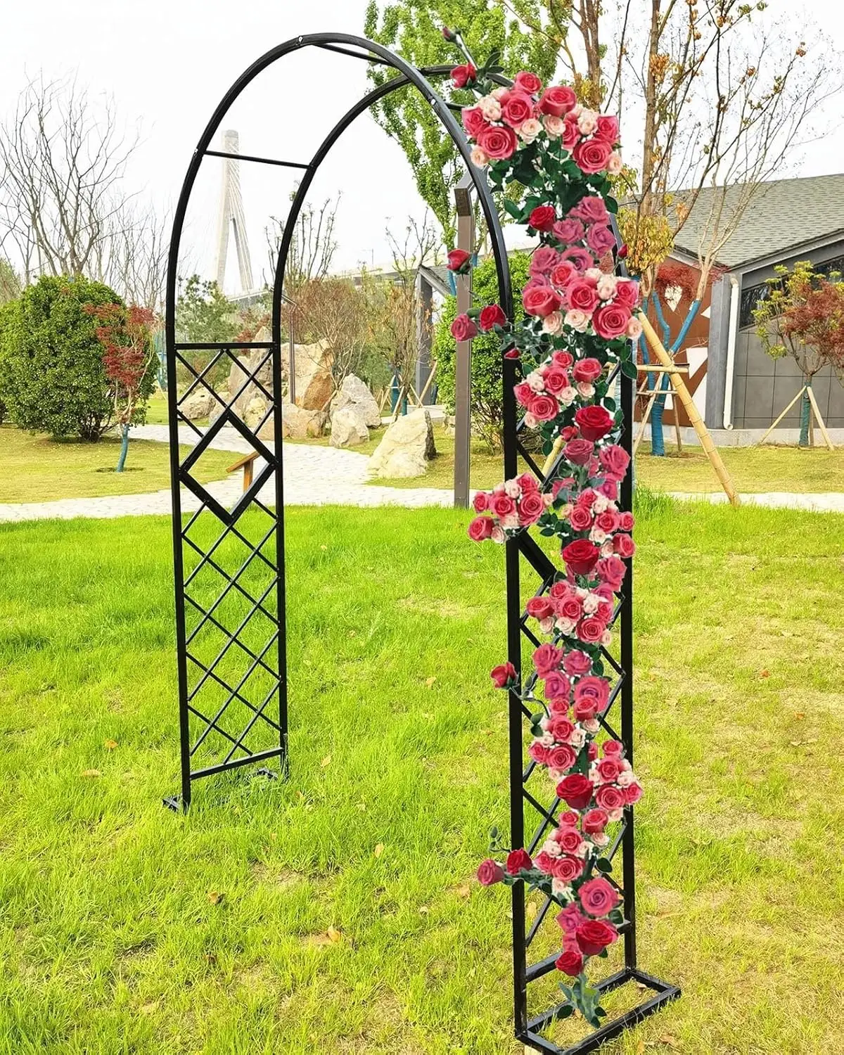 

Metal Arbor Arch with Base Garden Trellis Archway Entrance Arbour for Various Climbing Plants Roses Vines Outdoor Wedding Arches