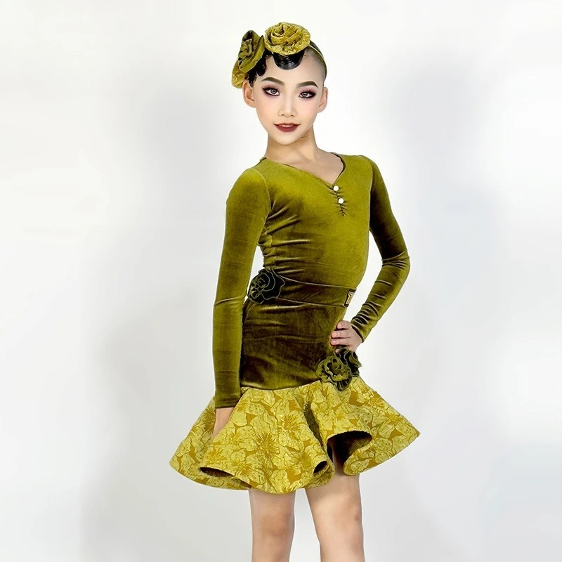 

Customized Latin Dance Suit Practice Dress Girls Competition Performance Dress Green Flower Puff Skirt Split Set