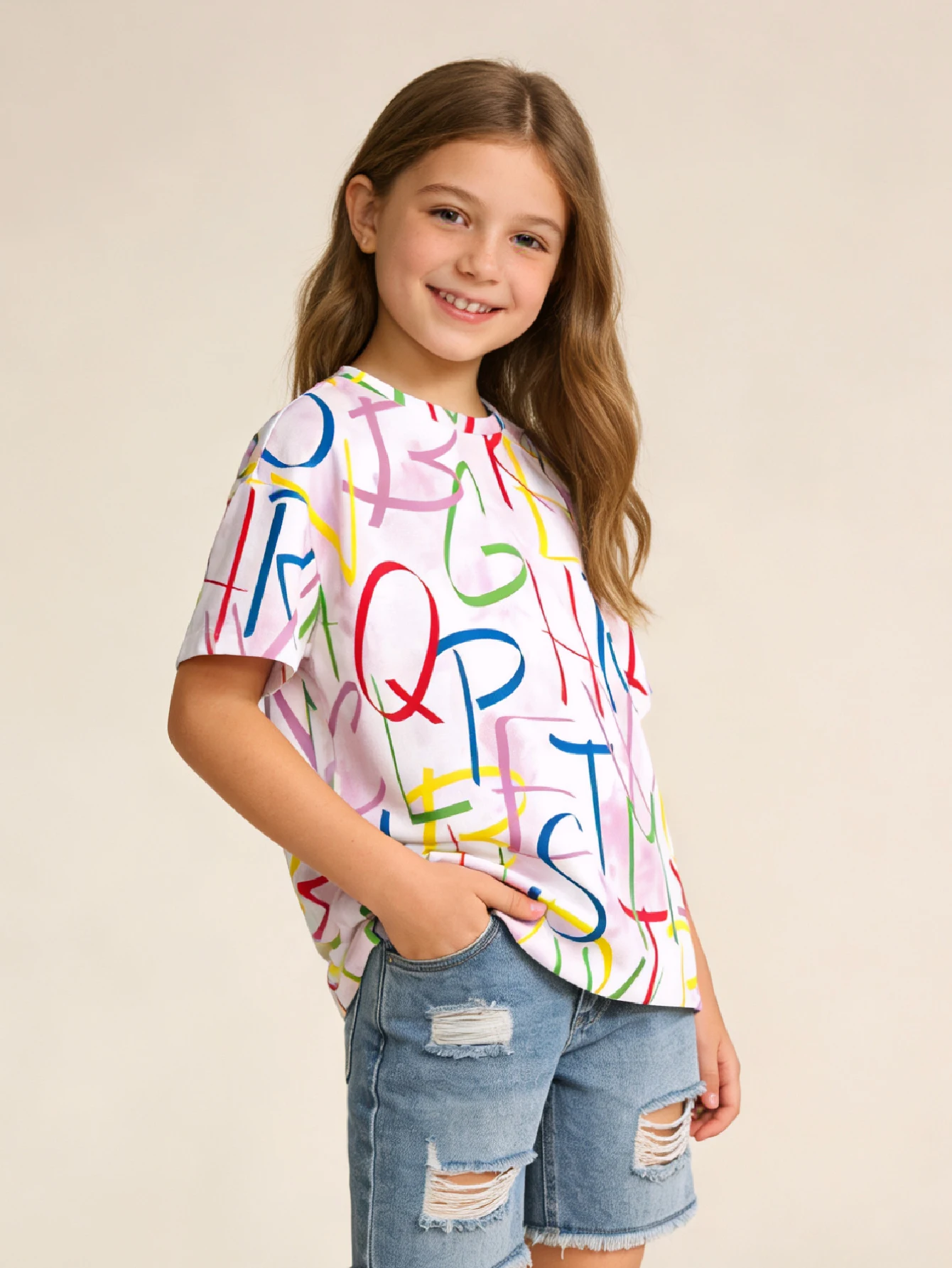 2026 Girls Tie-Dye English Print Short Sleeve T-Shirt Loose Summer Casual Fashion Top