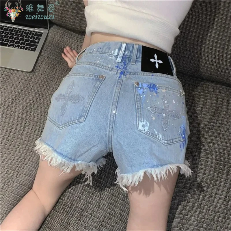 Celana Pendek Denim Musim Panas Y2k Celana Pendek Kaki Lebar Seksi Lurus Jeans Bordir Grafiti Silang Pinggang Tinggi Wanita Pakaian Wanita