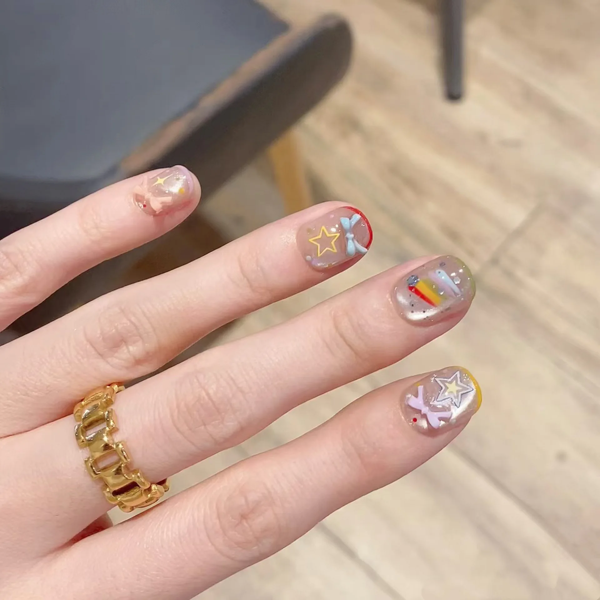 

10pcs Handmade Nails Exquisite & Sweet Dopamine-Style Hand-Painted Star Doodles Instagram-Inspired Cartoon Press-On Nail Tips