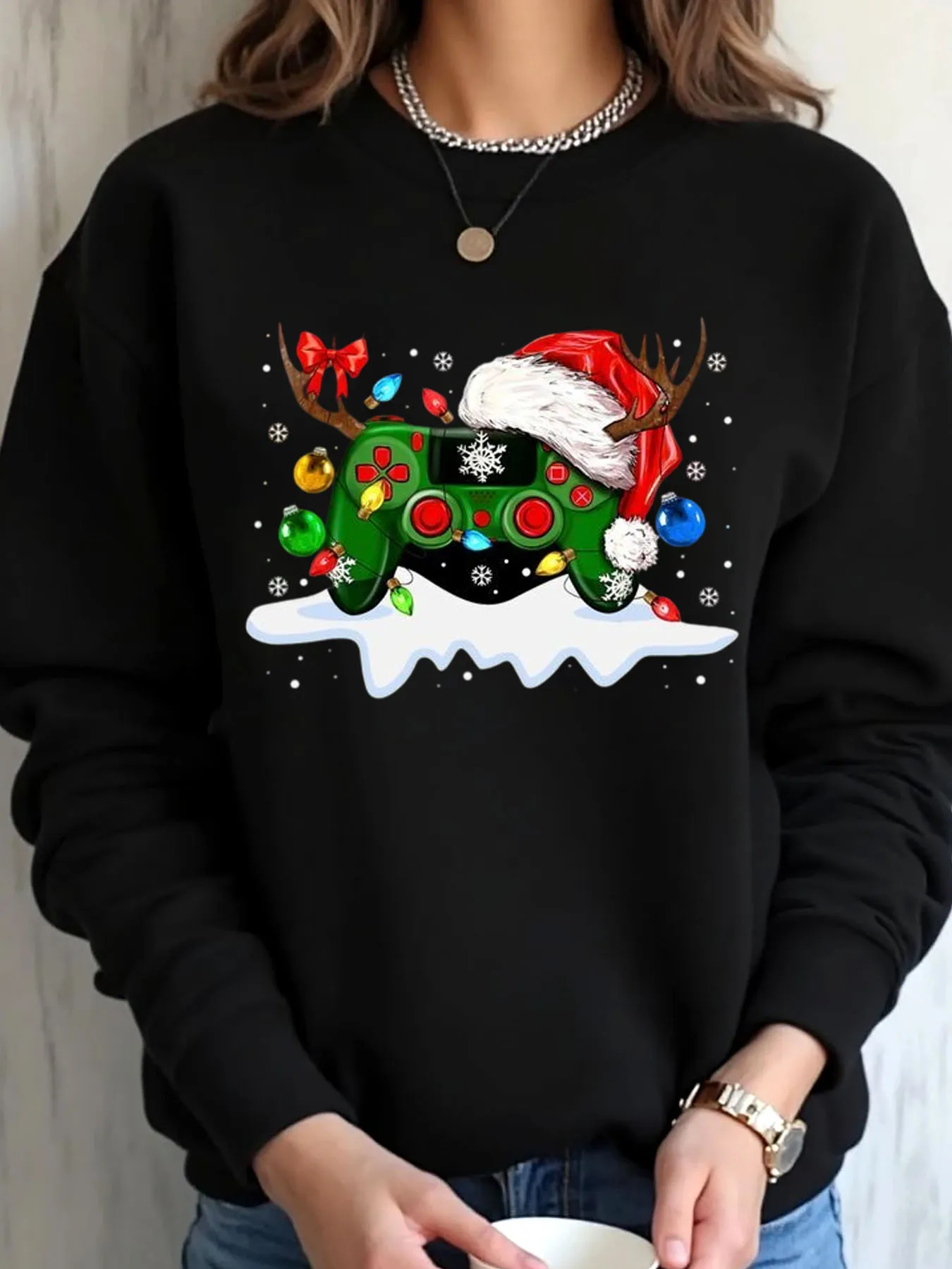 

Женская толстовка большого размера с рождественским геймером и контроллером, верхняя одежда с принтом