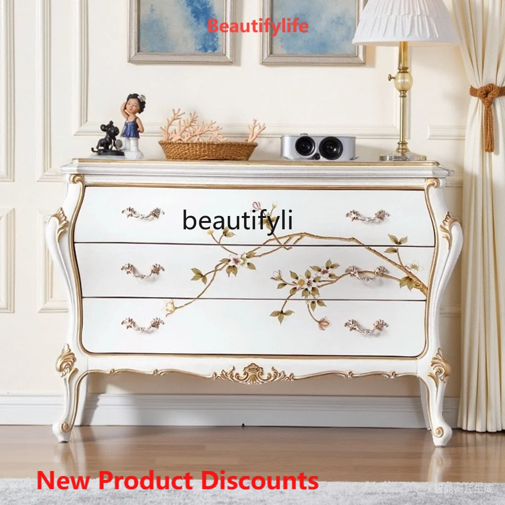 

01A Painted Solid Wood European Storage Side Cabinet Carved Decorative Storage Cabinet Light Luxury Entrance Hallway Cabinet