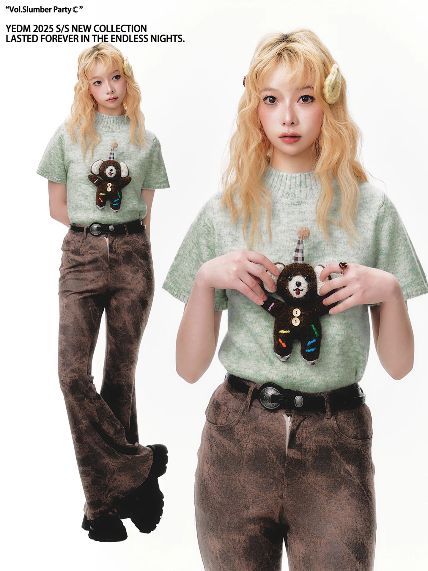 

Original Bear Doll Pendant Knitted ort Sve T-irt Heavy Work Loose Women's Sle Sweet Wind Polyester Fiber Knitwear