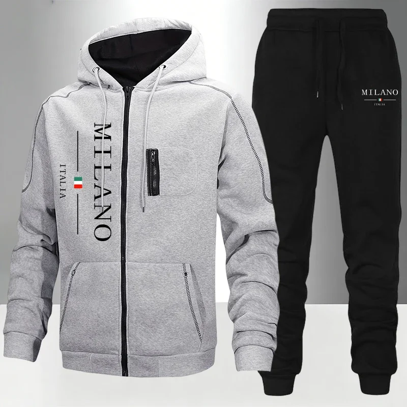 2026 New Men's Sportswear Trend Printed Hooded Sweatshirt Pants 2piece Set Casual Zipper Jacket Set Daily Clothing Autumn Winter