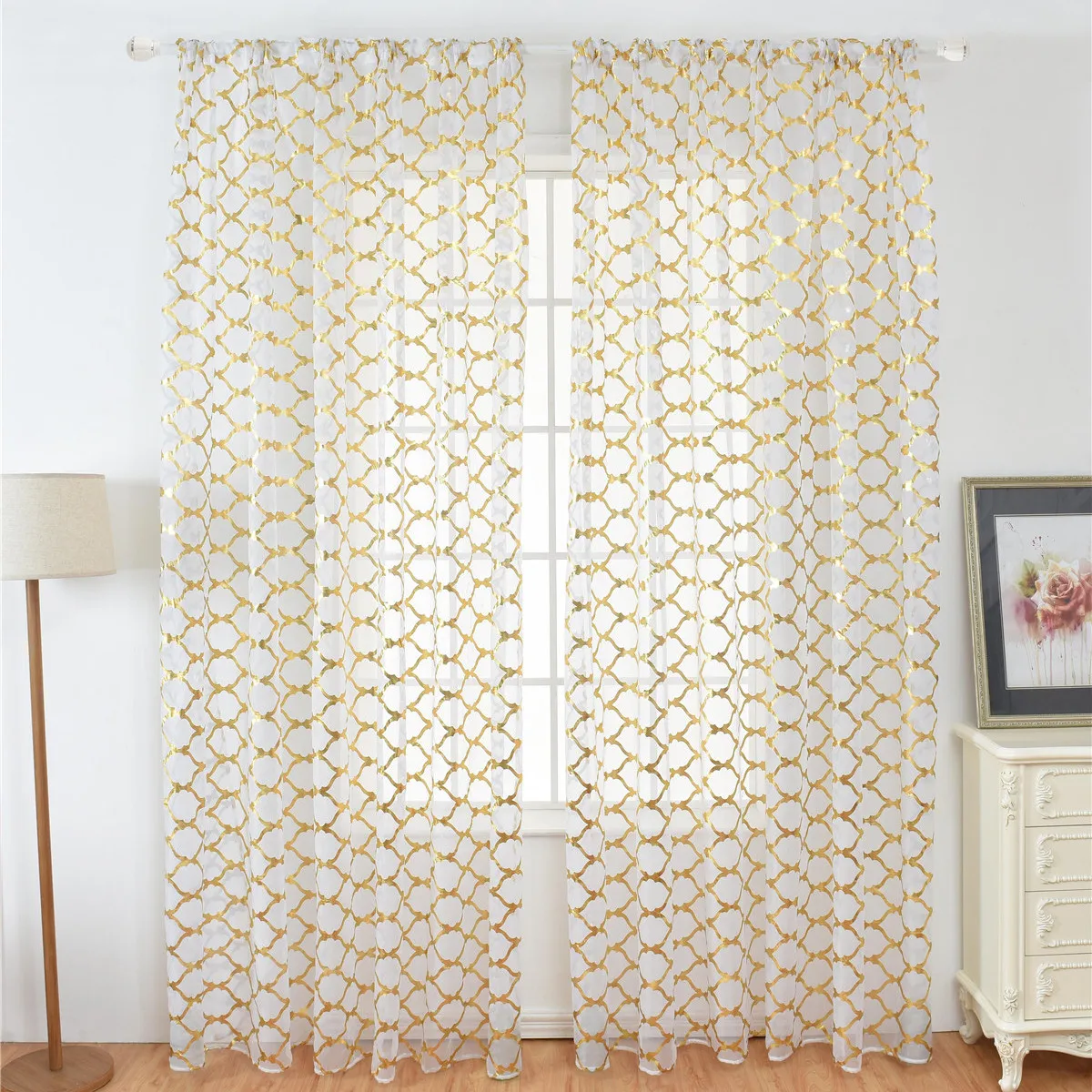 1Pcs Rod Shading Voile Curtain Fine Grid Bronzing Sheer Window Screening Half Shading Tulle 100x200cm Golden Floral Curtain