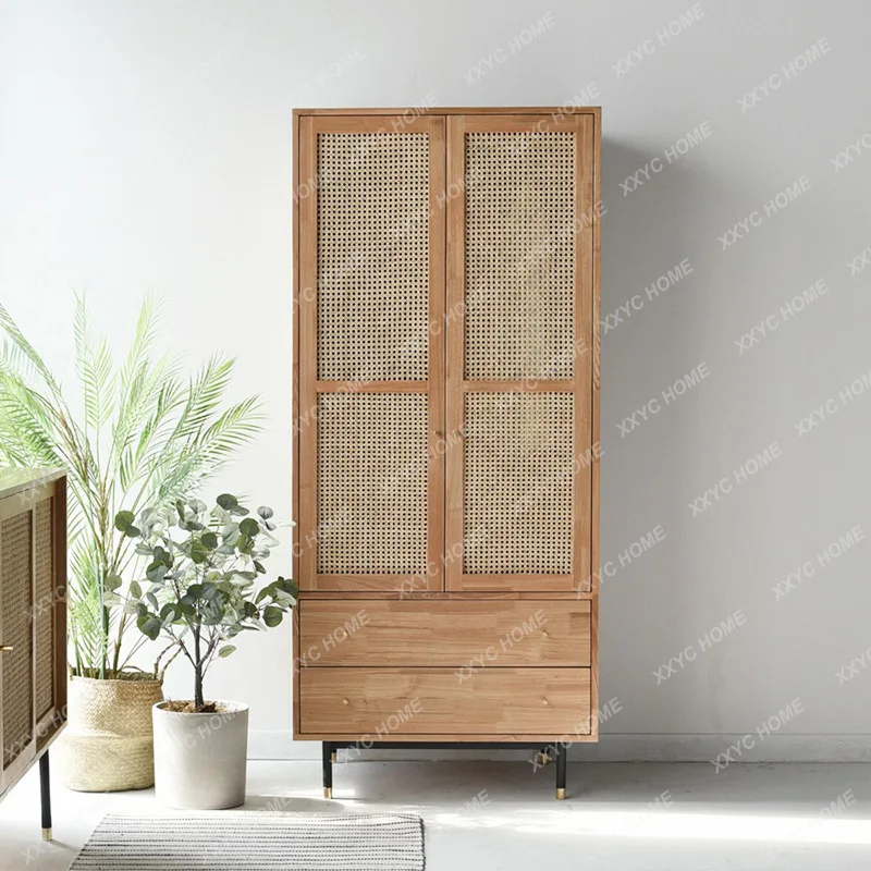 Country Log Rattan Wardrobe Modern Double Door Wardrobe Solid Wood Wardrobe, Bedroom Locker Storage
