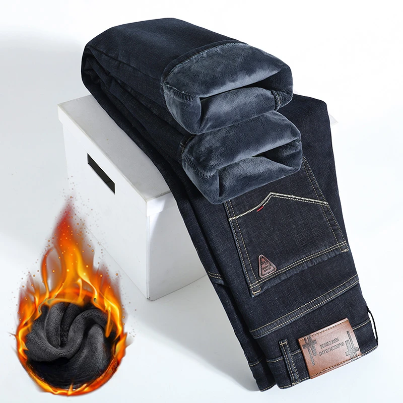 2024 Winter Jeans Men Straight Warm Thick Fleece-lined Denim Trouser Male Classic Business Casual Cowboy Pant Stretch Black Blue