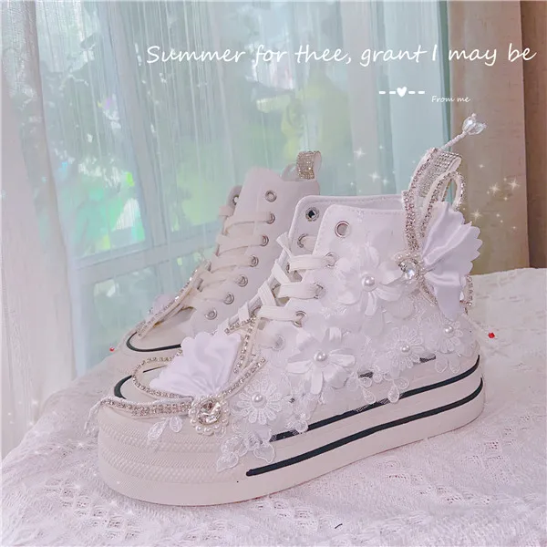 New Thick Bottom Lace Up Canvas Shoes Sweet Dingzhu Crystal Little White Shoes