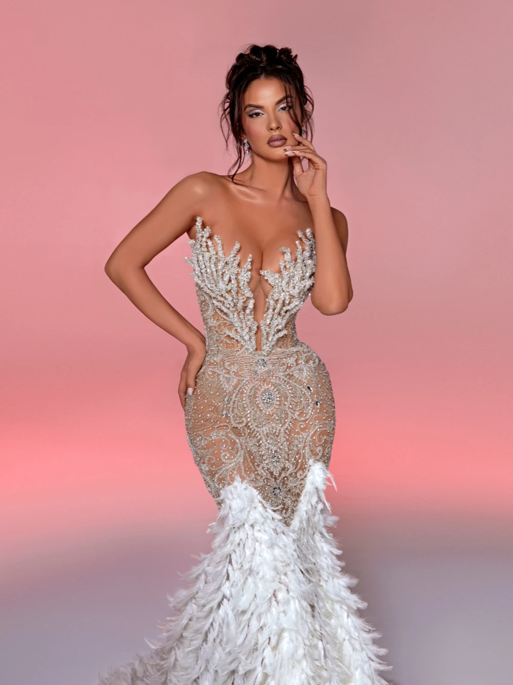 Stunning V Neck Mermaid Evening Dress Luxurious Crystals Beaded Feathered Prom Gown Customized Party Celebrity Formal Wear