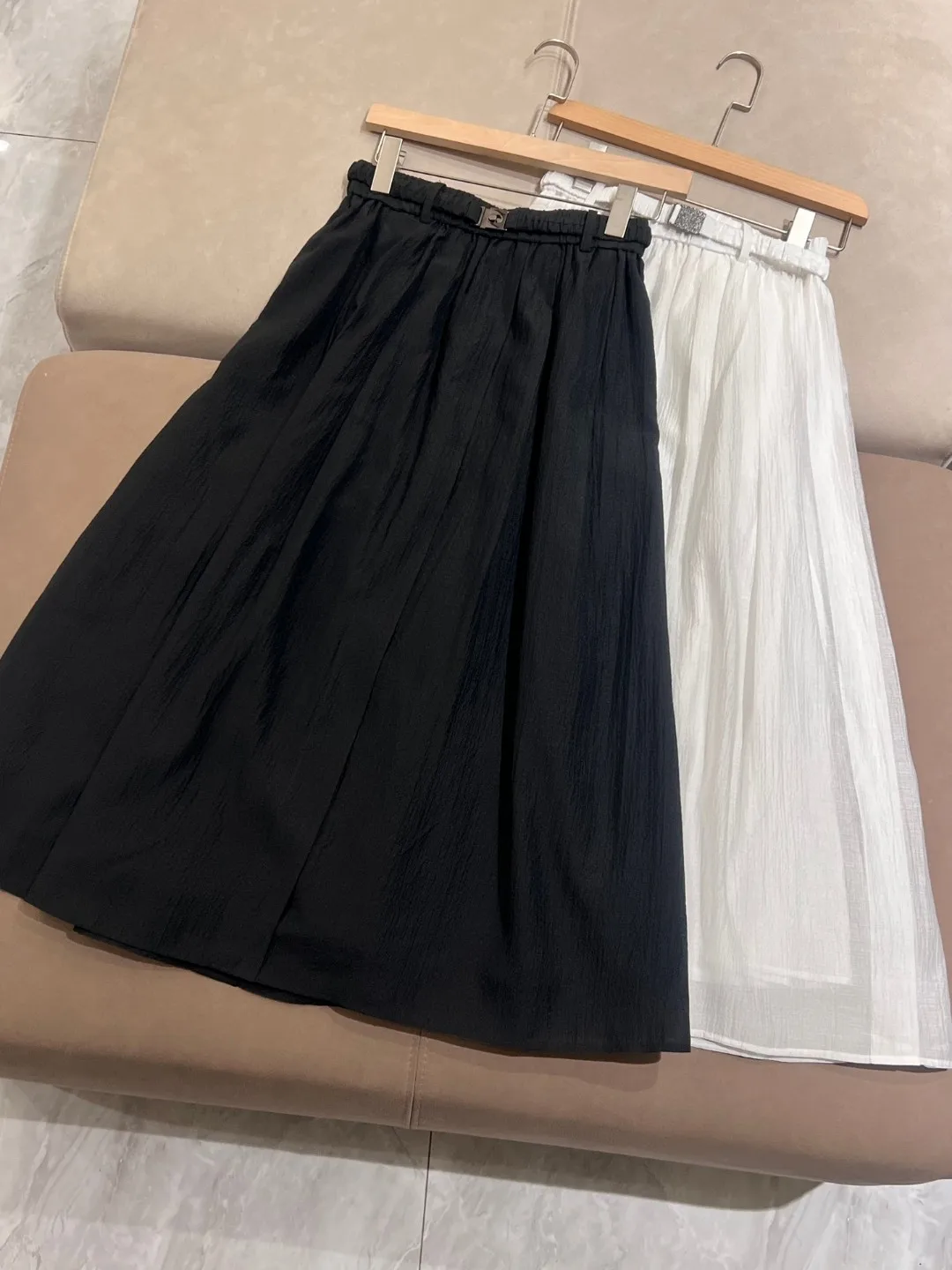 Summer B*C Women's Skirt Thin Mesh Satin Skirt Elegant Female Mid-Calf Skirt Women's Clothing White Pleated Skirt