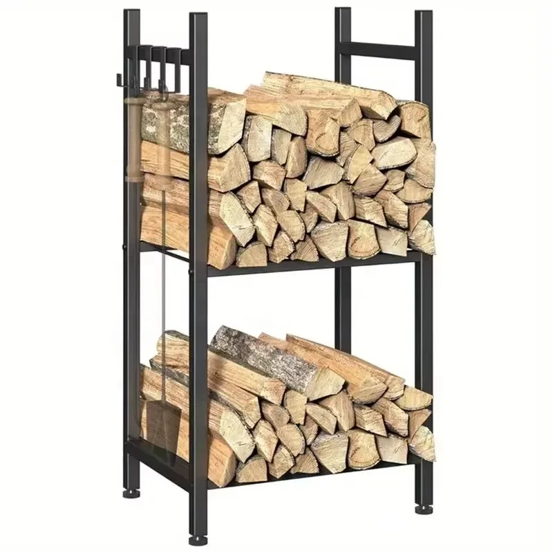 

Wholesale Modern Heavy Duty 2-Tier Metal Firewood Rack with 4 Hooks for Outdoor Log Storage