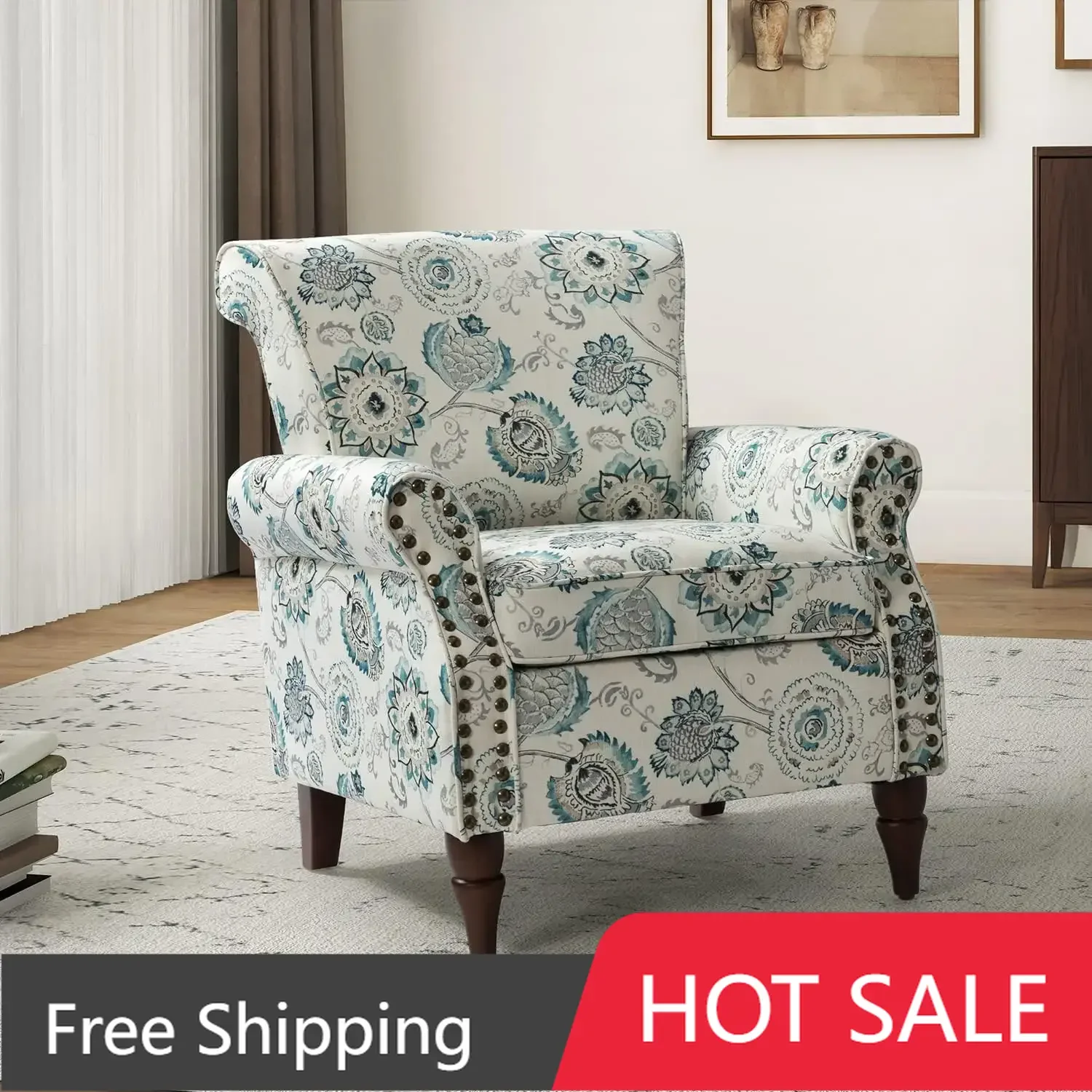 Modern Wingback Accent Chair with Wood Legs & Removable Cushion, Comfy Upholstered Armchair with Nailhead Trim, Medallion