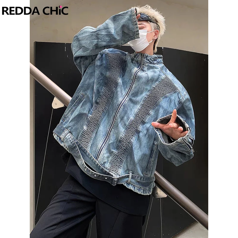 

REDDACHIC грязная стирка плиссированная синяя джинсовая куртка мужская с воротником-стойкой и длинными рукавами с поясом на молнии оверсайз пальто мото винтажная уличная одежда