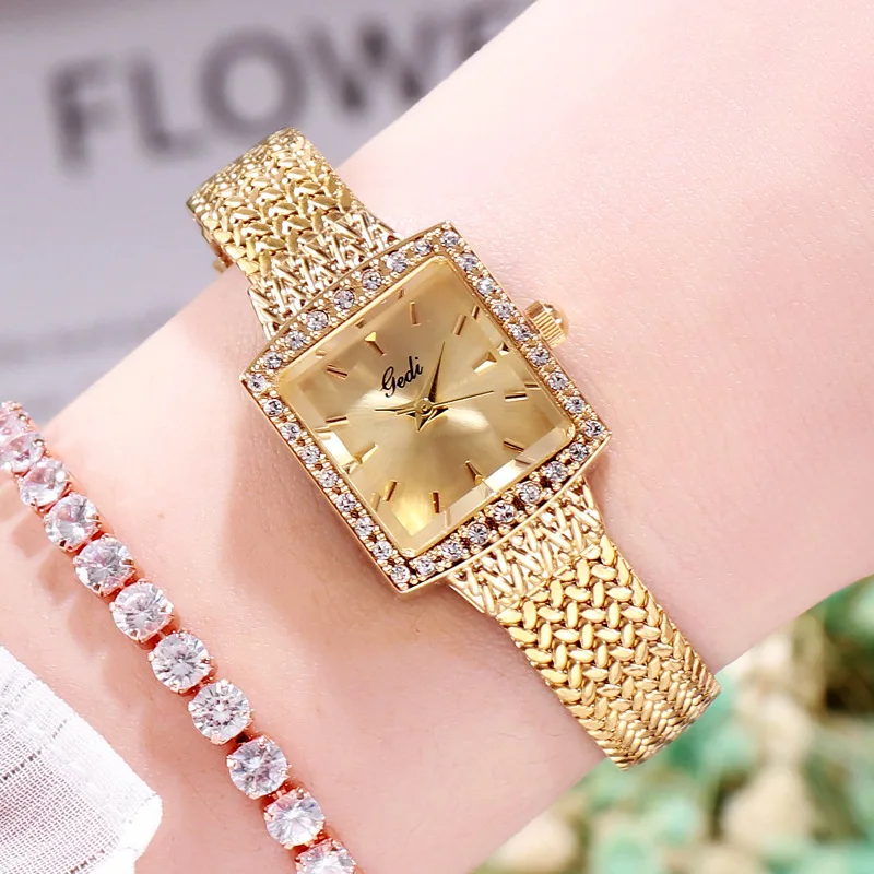 2024 Fashion Gedit Top Brand Mesh Steel Retro Square Women\'s Luxurious Diamond Inlaid High-end Sense Quartz Gifts Wrist Watches