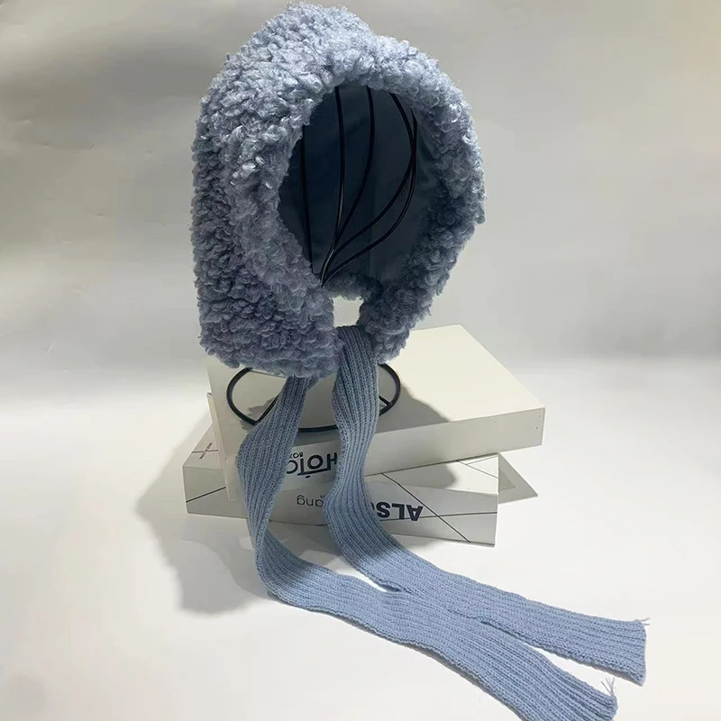 Cappelli invernali da donna in lana di agnello con lacci caldi berretti in pile giapponesi protezione per le orecchie femminile cravatta pullover Gorro Bonnet Y2k cappello bomber carino