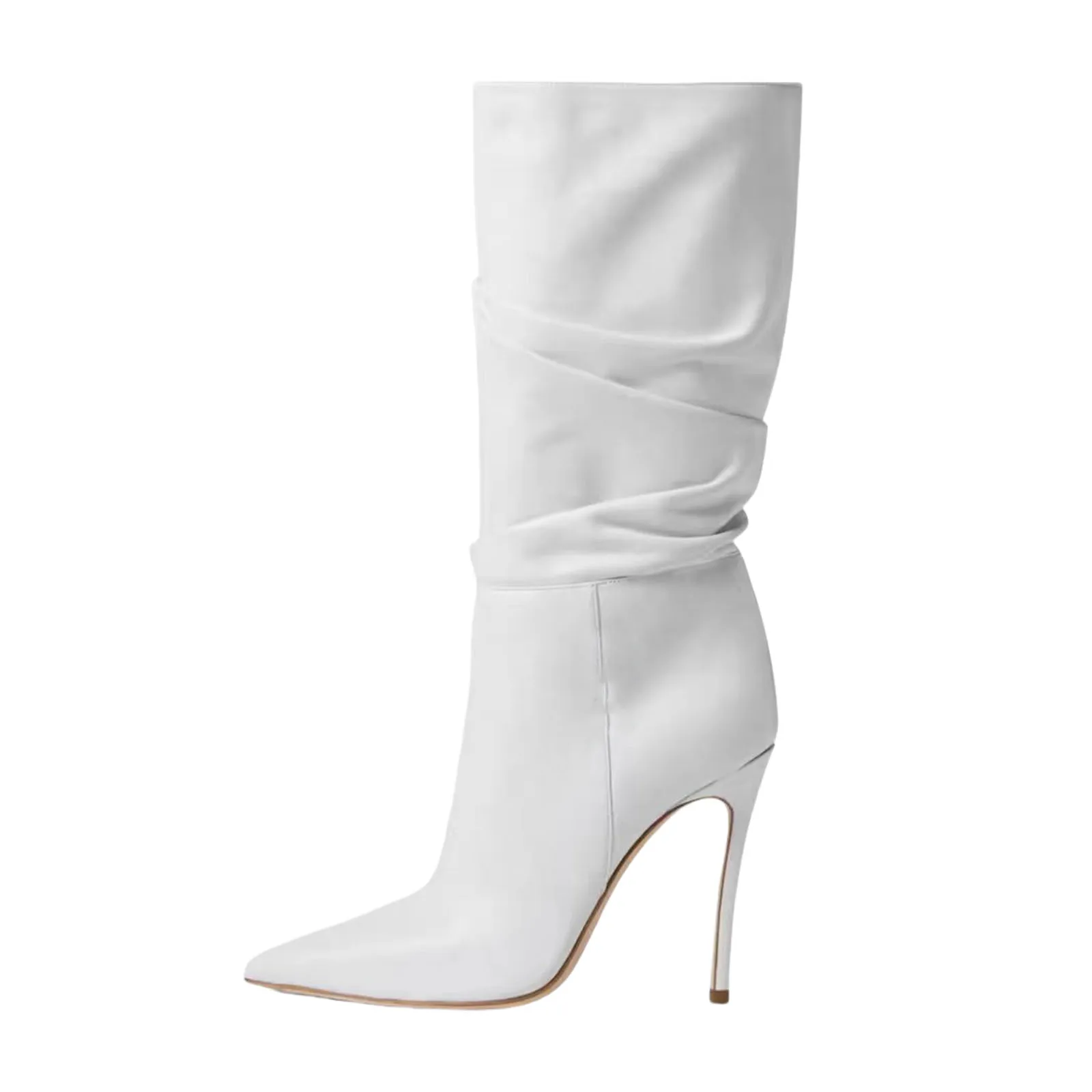 

Arden Furtado 2025 White Pleated Mid-Calf boots Pointed toe Slip-on Super high heel Modern boots Simple style Extra large size