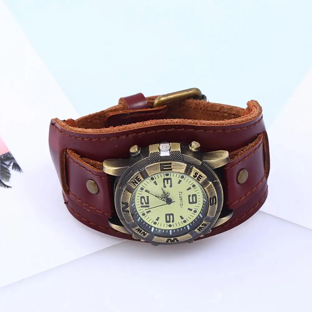 Vintage  Faux Leather Strap Quartz Watch Bracelet For Men Casual Wide Leather Band Wristwatch Clock Punk Round Dial Wrist Watch