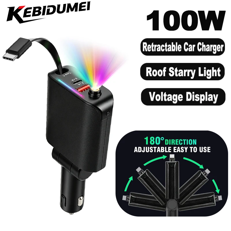 100W Car Charger Adapter 3 IN 1 Fast Charging USB Type C Car Charger with Retractable Cable For Huawei Samsung Universal Adapter