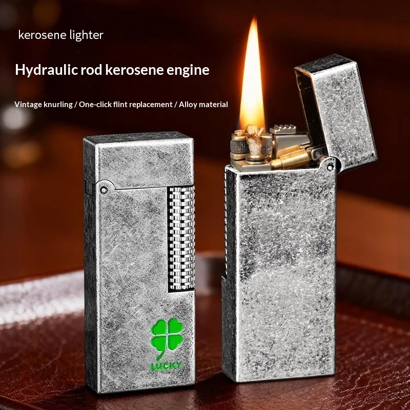 2026 Hydraulic Rod Grinding Wheel Side Sliding Retro Kerosine Lighter Four-Leaf Clover Pattern for Boyfriend Premium Lighter