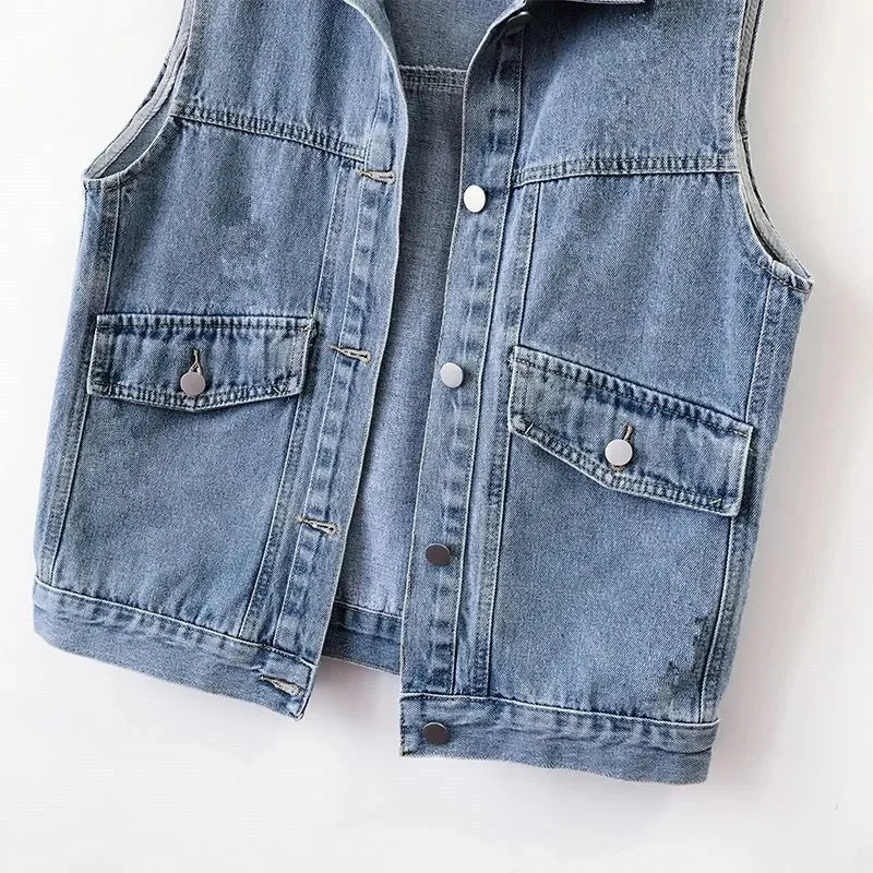 2024 Short Denim Vest Jackets Women Spring Autumn Pocket Jean Waistcoat Sleeveless Tank Schoolgirl Outerwear Casual Tops