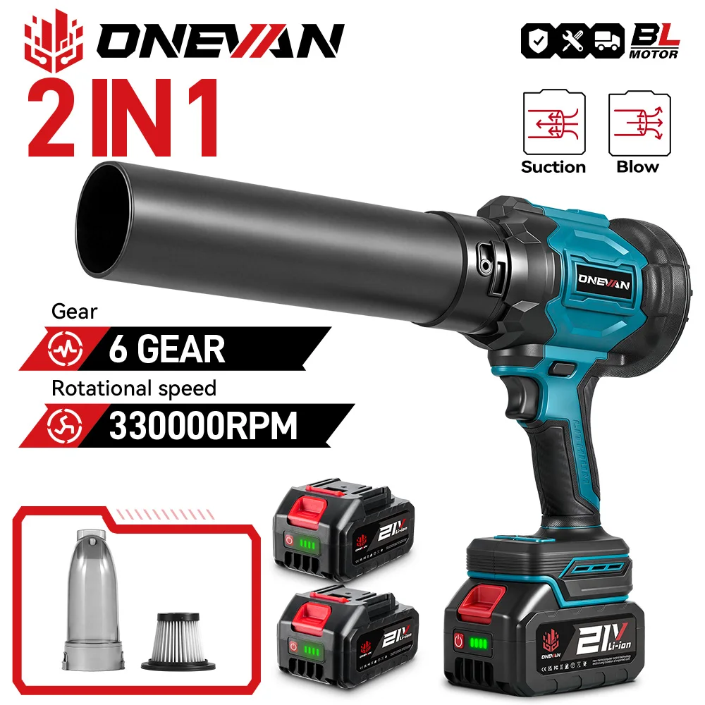 ONEVAN 350M/S 2IN1 Soffiatore a turbina senza spazzole, aspirapolvere senza fili per foglie, pulizia della polvere, attrezzo da giardino, compatibile con batteria Makita 18V