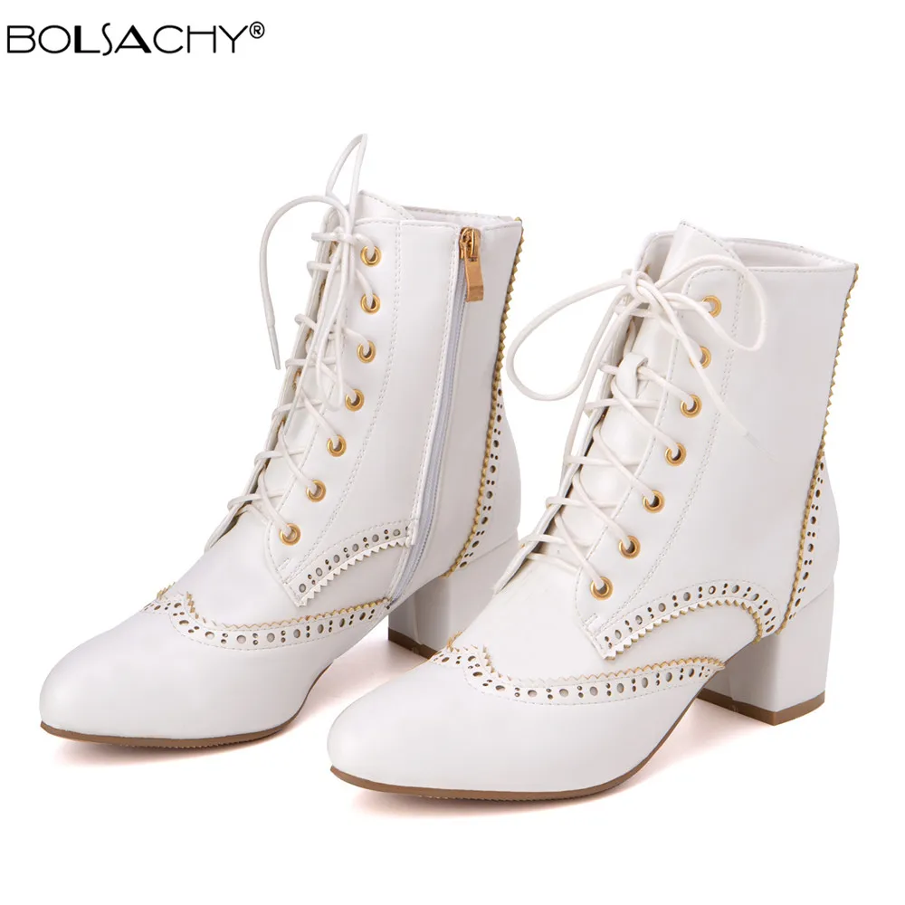 

2026New Lace Up Ladies Square High Heel Shoes Ankle Boots Side Zip Retro Women Pointed Toe Thick Soled Short Booties White Black