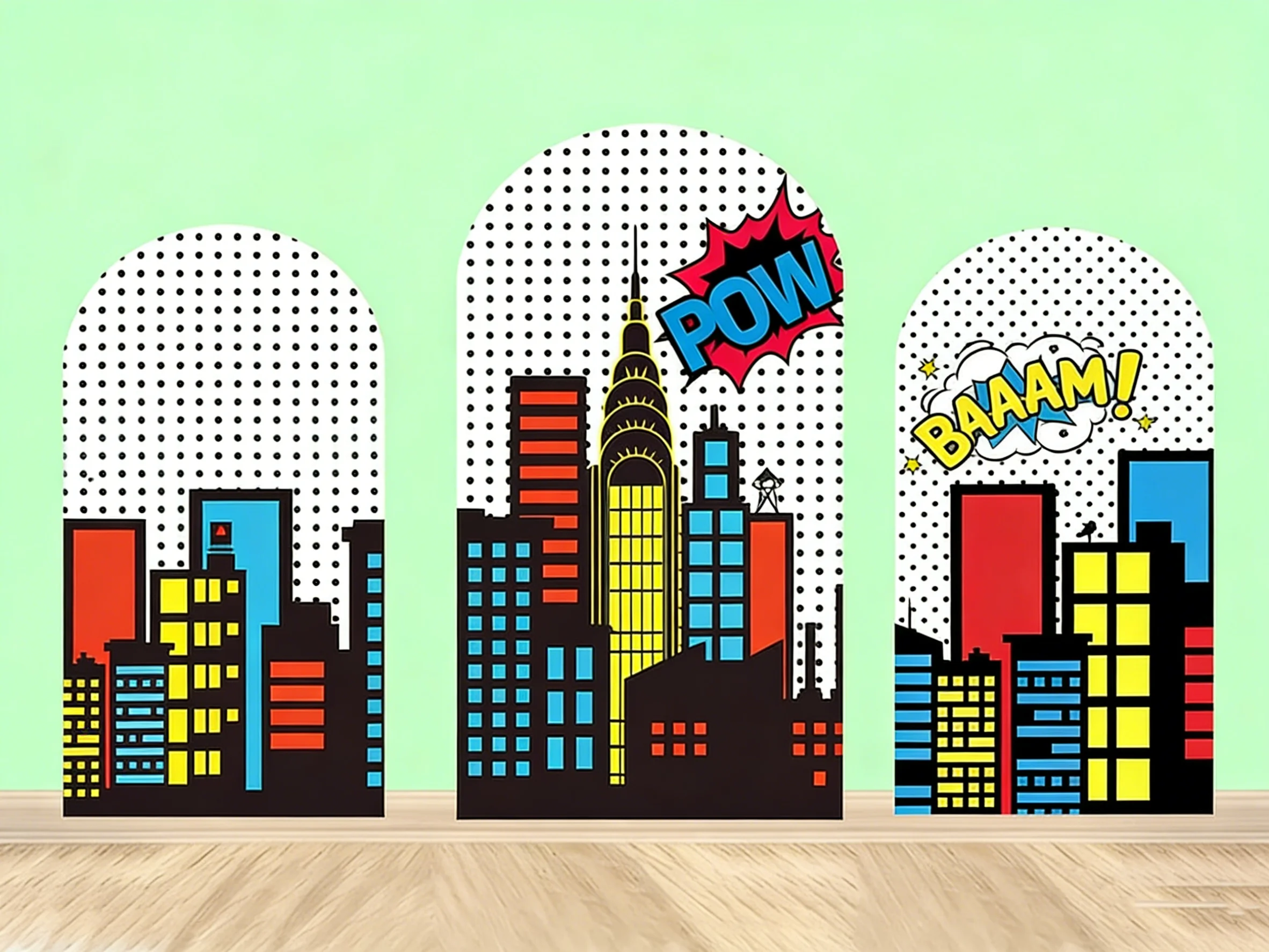 

LS Super Hero Boy Birthday Arch Cover Background Cartoon Comic City Building Backdrop 2-sided Custom Studio Photoshoot Booth