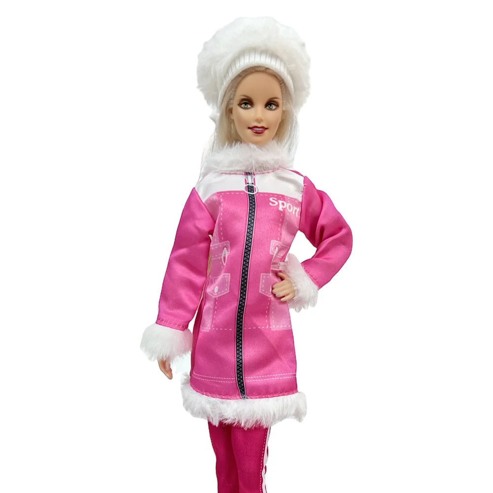 Nk vestido rosa oficial para roupas de boneca bjd 1/6, brinquedo de esqui, chapéu branco nobre de inverno + roupas longas + calças rosa, brinquedos de casa de boneca