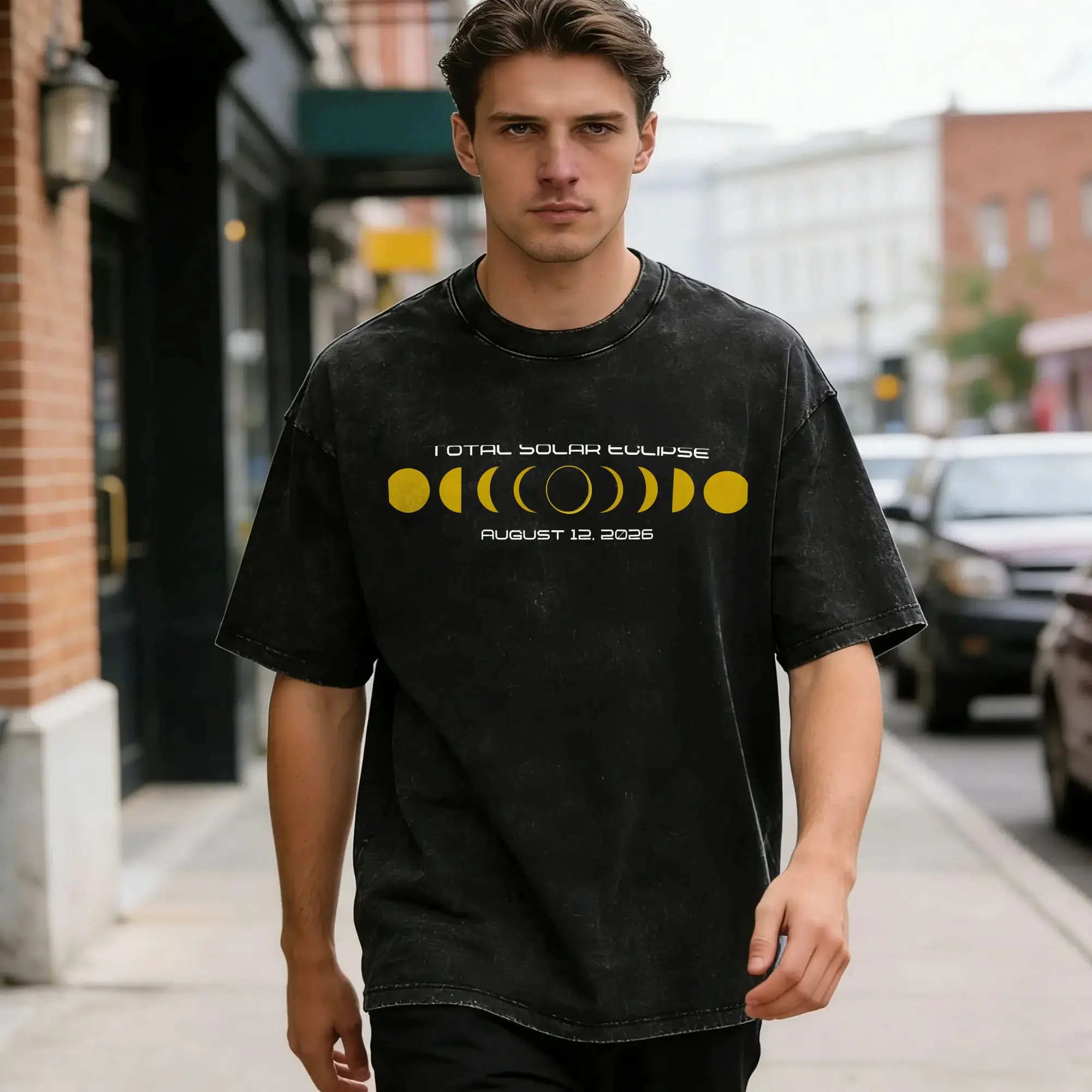 Vintage Iceland Total Solar Eclipse August 2026  T-Shirts for Men O Neck Cotton Washed T Shirts  Short Sleeve Tees Gift Clothes