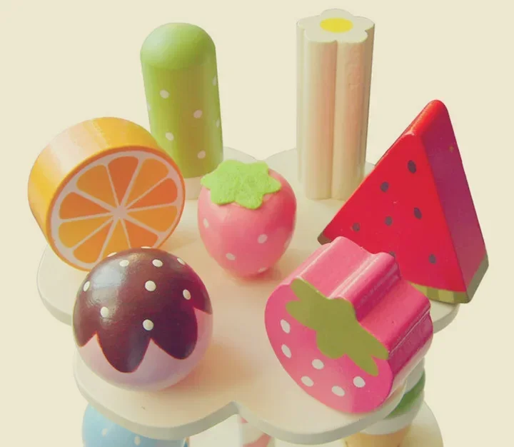 [ Funny ] Wooden Mother Garden Strawberry three layer cake Ice cream stand blocks Pretend Play House kitchen toy Cooking gift