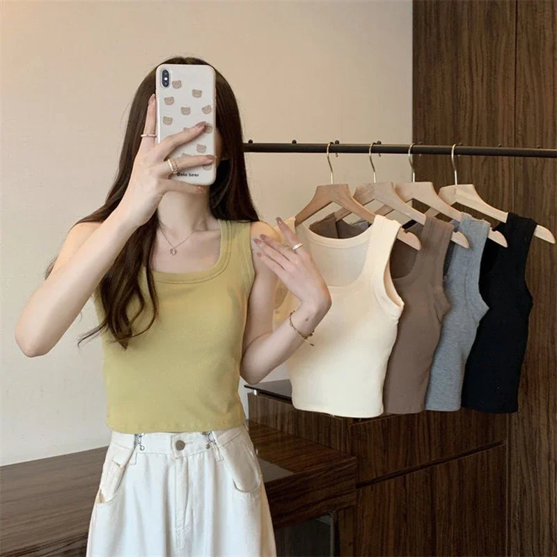 Women's solid color square neck ribbed vest Women's winter basic elastic vest O-neck solid color vest