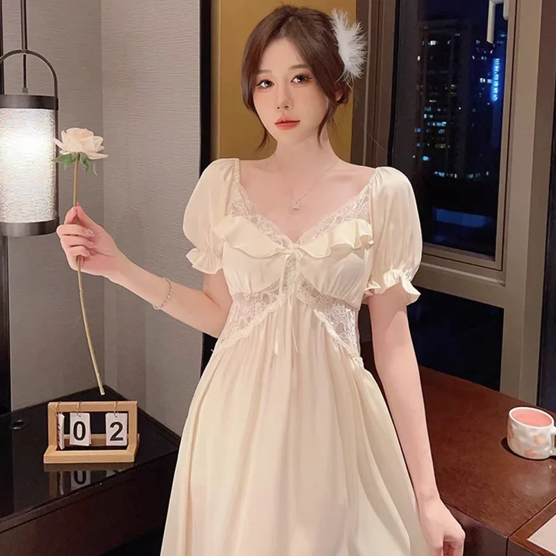 French Nightgown Summer Ice Silk Elegant Long with Chest Pads and Short Sleeves Lazy Night Dress Women  Lingerie  Sleep Dress