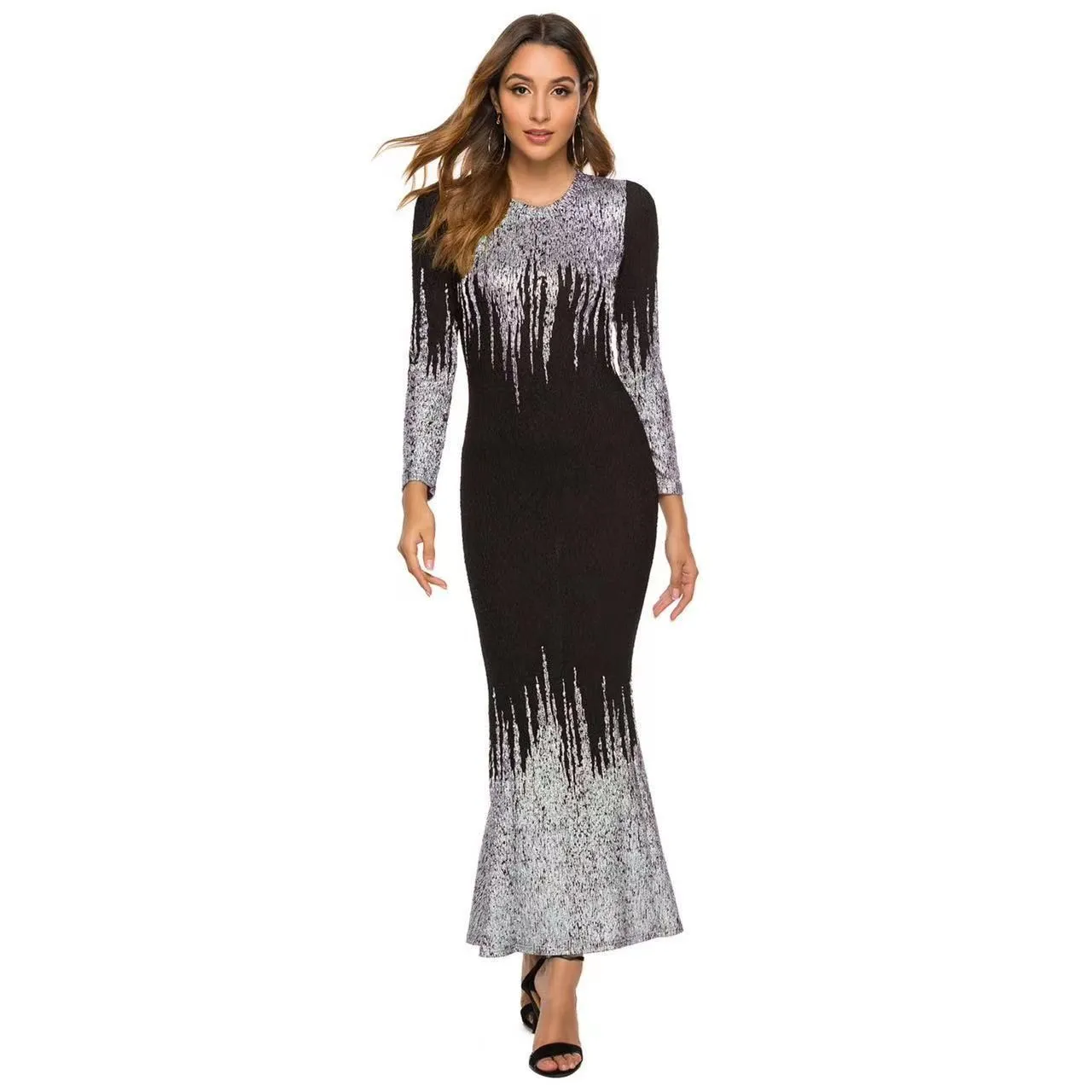 Elegant Party Long Sleeve Gold Foil Print Wedding Guest Dress Maxi Length Black Base Mermaid Skirt Fitted Waist Evening Dress view 4