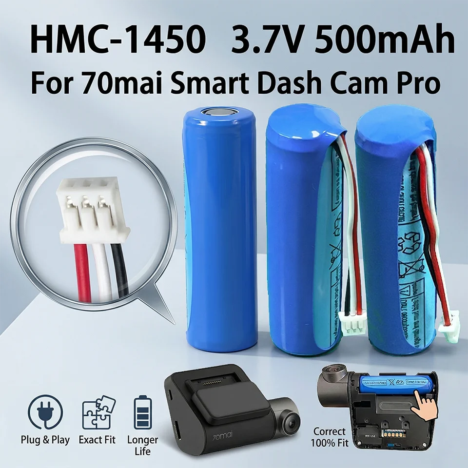 

HMC1450 3.7V 500mAh Replacement Battery for 70mai Dash Cam Pro Plus A500 A500S A800 Car DVR 3-Wire Li-ion