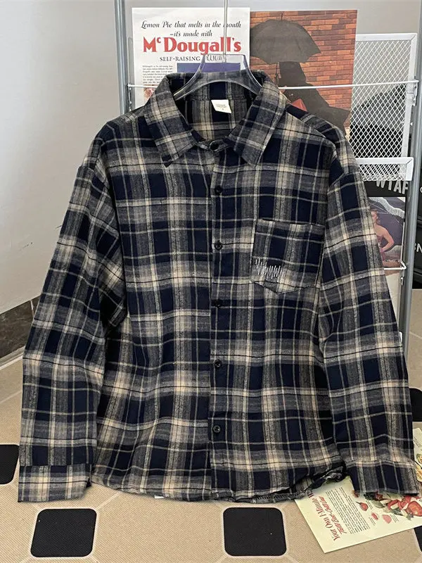 

American Vibe Plaid irt Men's Winter Trendy Brand Versatile Long Sve Casual High Street Couple's Outerwear