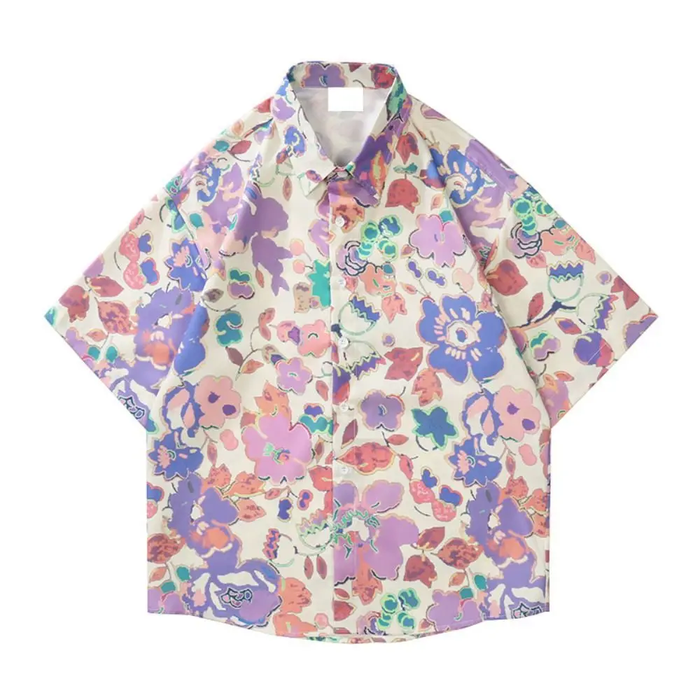 Printed Purple Flowers Blouse Turn-down Collar Spring Summer 3/4 Sleeves Shirt Oversize Button Up Blusas Tops