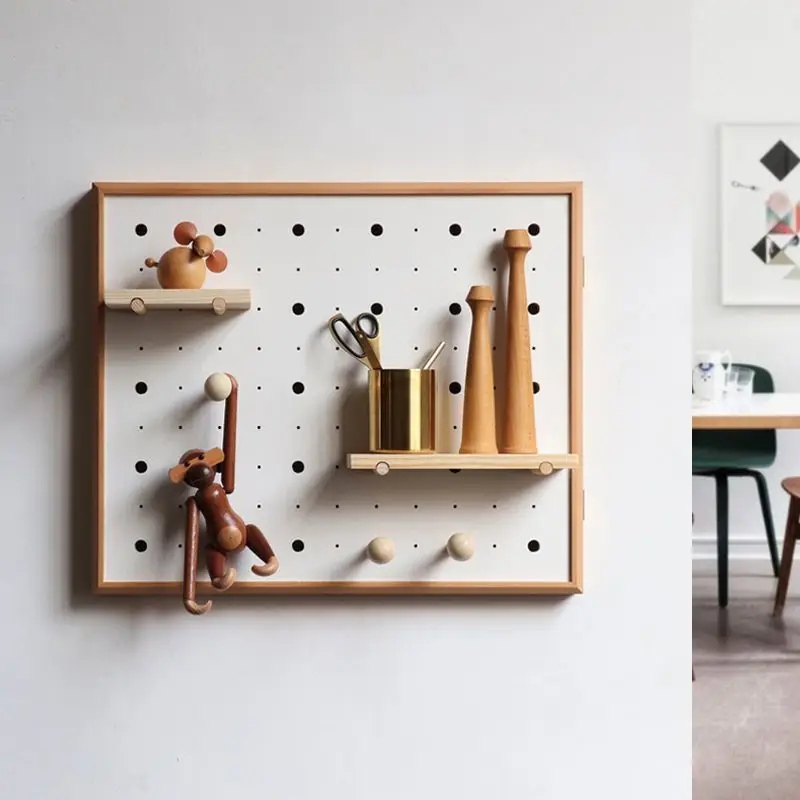 Wooden Pegboard Wall Organizer, Mounted Storage Hole Board With Shelves Hooks For Home Living Room Entryway Office Decor Display