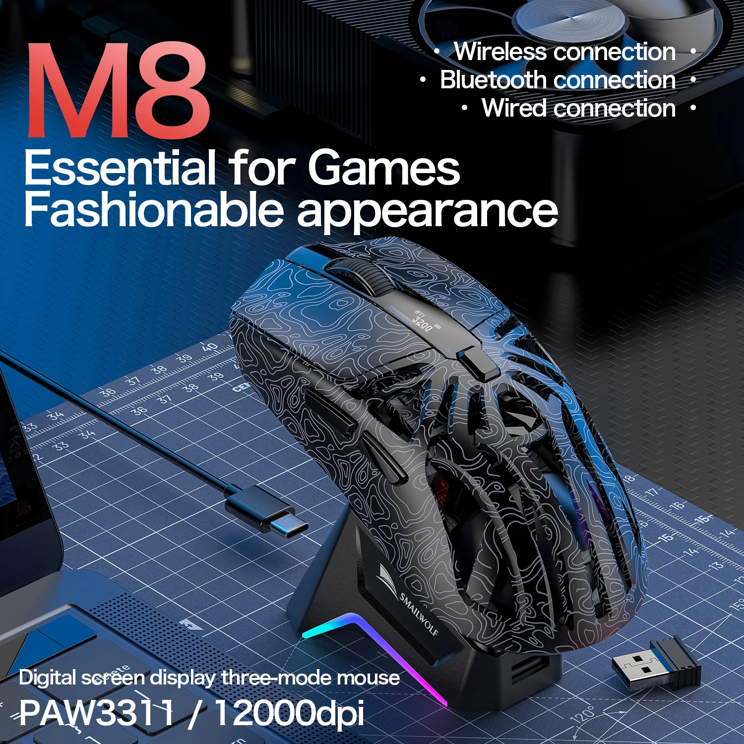 

SMAILWOLF M8 Беспроводная мышь Bluetooth для киберспорта, игр, макропрограммирование, трехрежимное соединение, мышь PAW3311, легкий дизайн