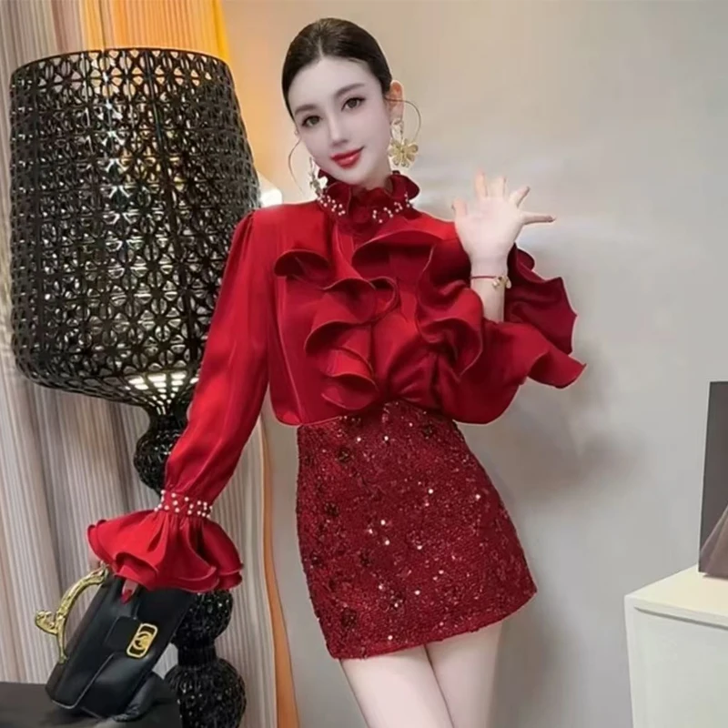 

Ретро-топ в дворцовом стиле для женщин: элегантный, приталенный, с бисером, модный, с длинным рукавом, из полиэстера, для весеннего сезона