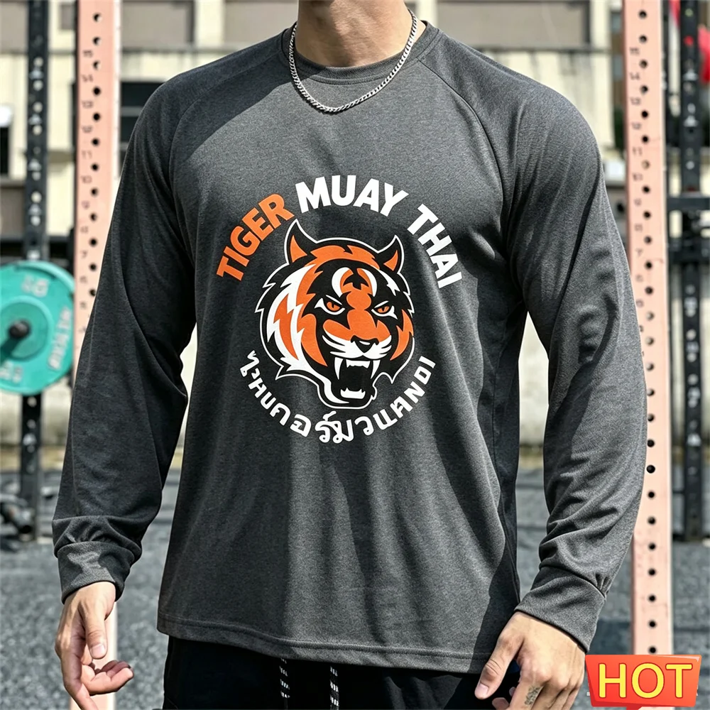 Camiseta de manga larga para hombre de Muay Thai, camiseta de algodón para hombre de otoño, camiseta elástica para Fitness, camiseta gráfica de entrenamiento, camiseta para correr