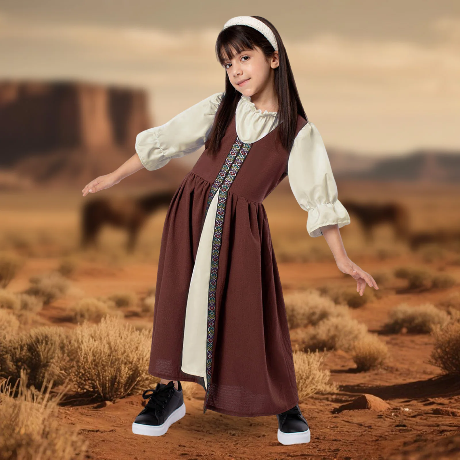 فستان فلاحين القرون الوسطى للفتيات زي قرية عصر النهضة مع تفاصيل مطرزة لحفلات الكرنفال التنكرية للأطفال