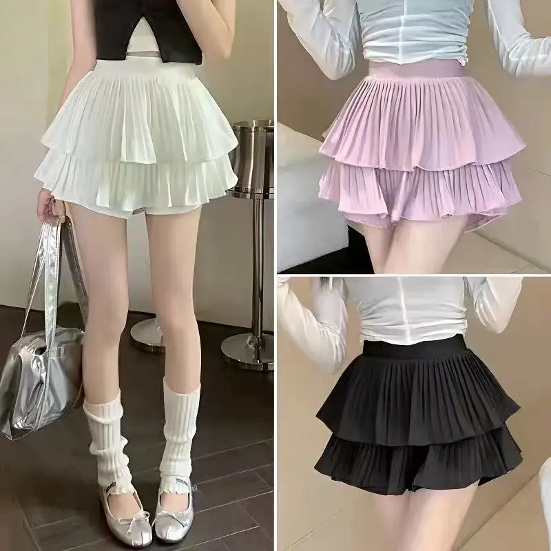 

Sweet Pleated Skirt Academy Style Full A-Line Skirt Double Layer Cake Safety Pants Skirt Elastic Waist Anti-Light Walking