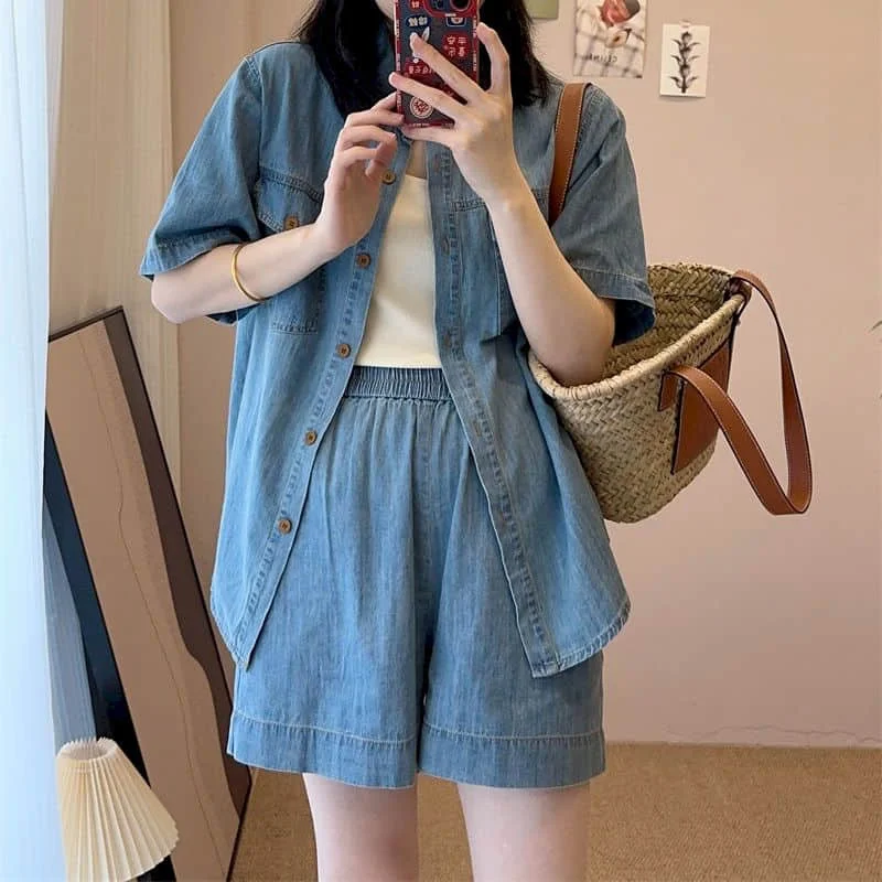 Denim Shorts Sets Oversized Half Sleeve Korean Style Polo-neck Shirts Wide Leg Pants Loose Casual Two Piece Set Women Outfits