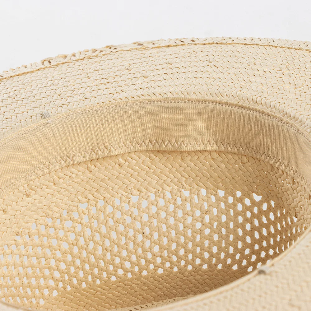 Fashion Women Beige Straw Fedora Hats Ladies Wide Brim Summer Hat Hand Woven Hollow Straw Sun Hat for Derby Travel Beach Hat