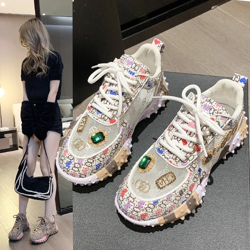 

Full Diamond Colorful Rhinestones Mesh Surface Ocean Air with Light Comfortable Non-slip Breathable Sports Women's Single Shoes