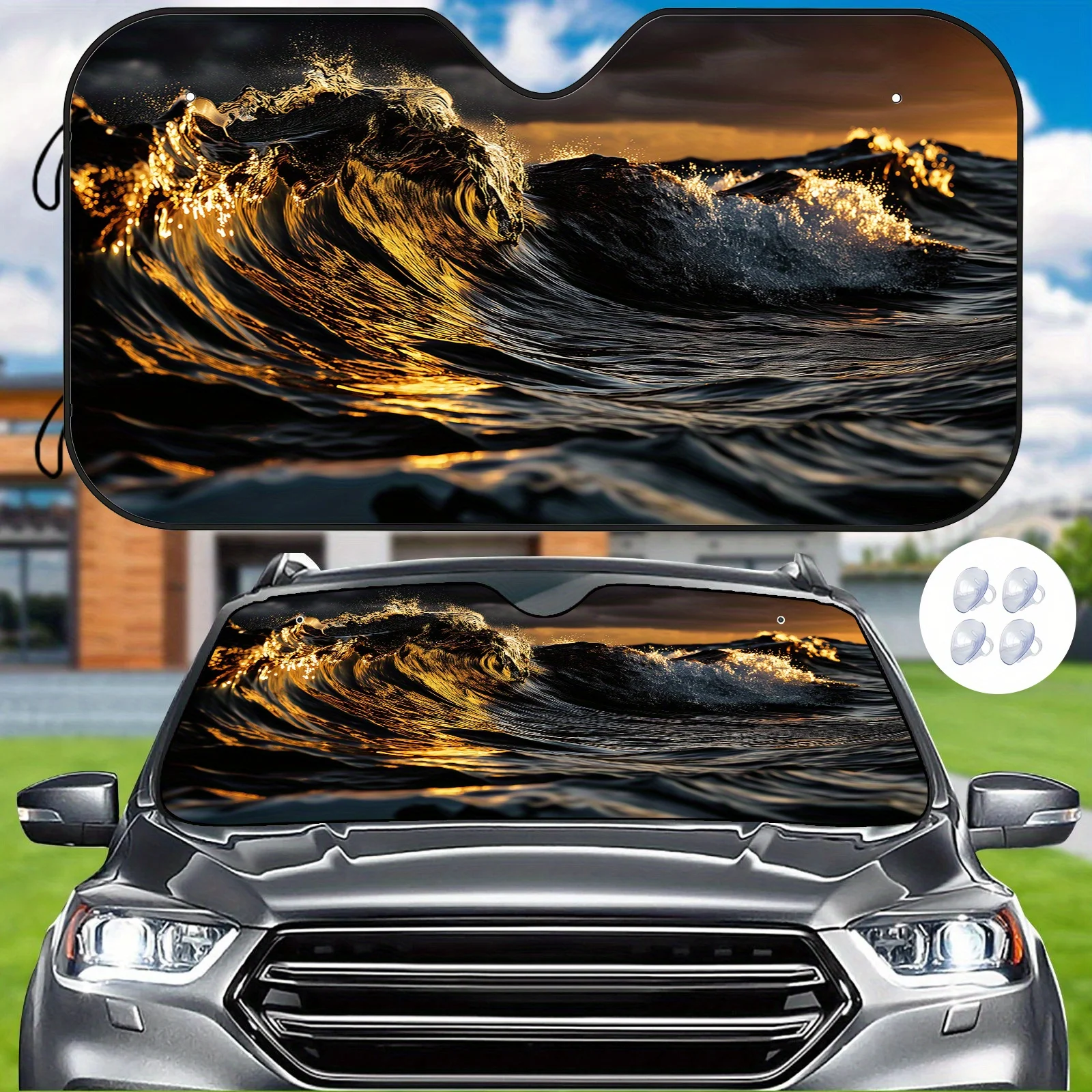 

Vibrant Golden Wave Sunshade For Car Windshield - Heat-Resistant, Scratch-Proof, Includes Mounting Brackets, Perfect For Modern