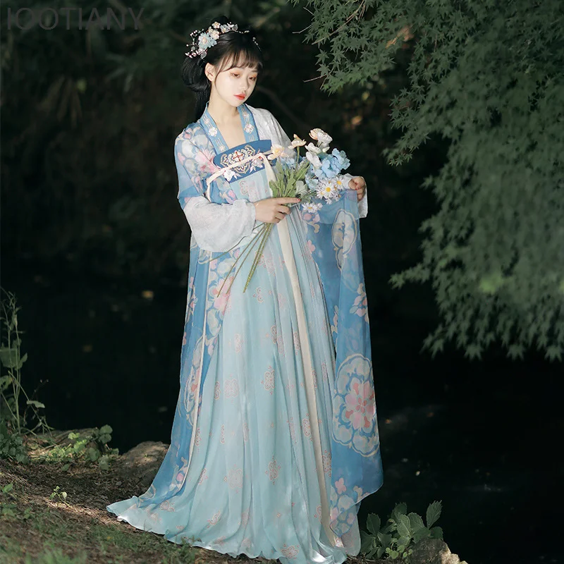 IOOTIANY Women's Hanfu Chinese Style Tang Style Chest-length Blue And Pink Dress Stage Dance Performance Princess Fairy Costume