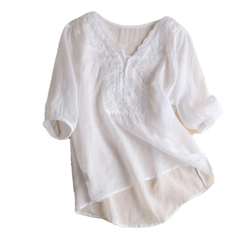 Sle giapponese da donna ort Sve irt V-Ne Top in cotone e lino ricamato vestibilità ampia per pendolari Faion Design artistico